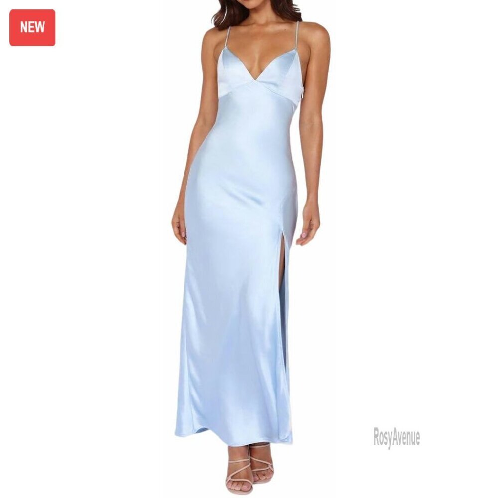 Satin Backless Maxi Dress Formal Wedding Guest Slit Size XS